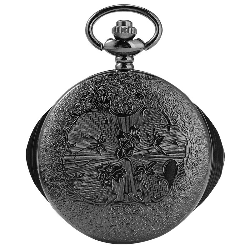 Antique Dark Black Hollow Out Unisex Quartz Pocket Watch Necklace Chain Roman Number Display Collectable Clock Retro Timepiece