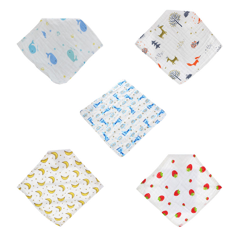 5Pcs Muslin Cotton Baby Wipes Baby Gauze Kerchief Printed Face Towel Washable Cotton Handkerchief for Little Kids