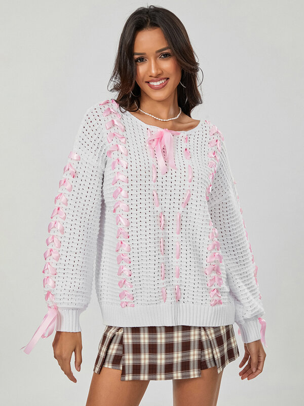 Maglione Y2k da donna con scollo a V lavorato a maglia all'uncinetto a maniche lunghe con spalle scoperte maglione con fiocco carino top