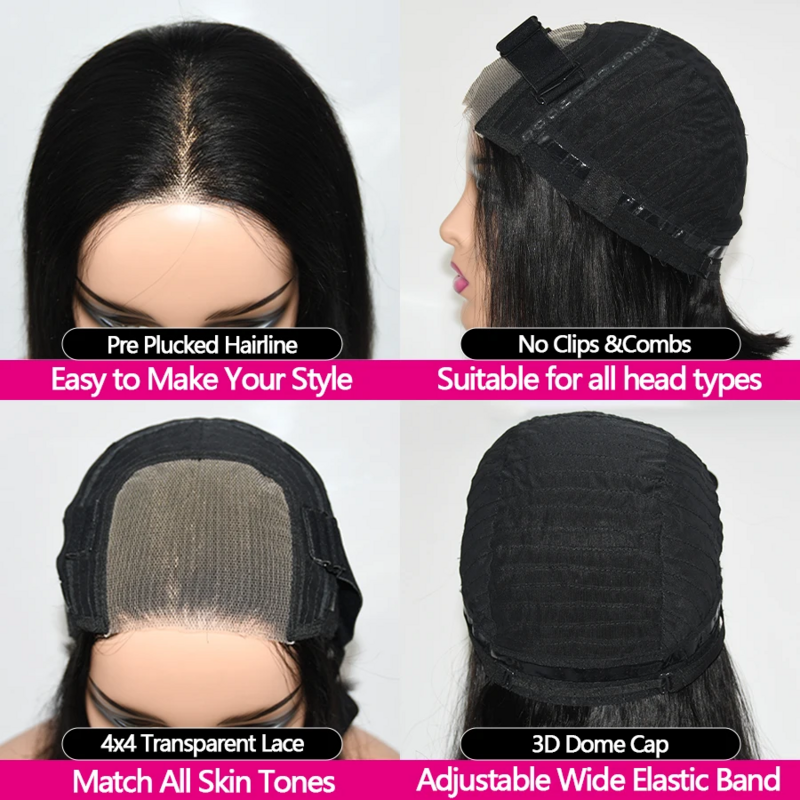 Peruca de cabelo humano de onda profunda sem cola para mulheres, peruca encaracolada pré-arrancada, pré-cortada, frente de renda 4x4, pronta para usar