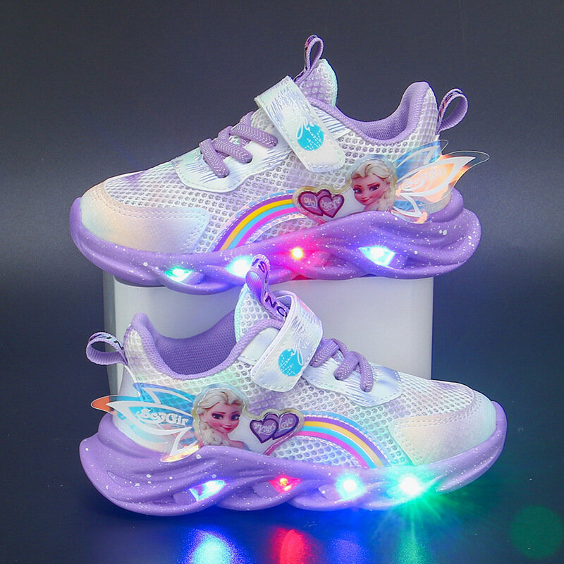 Повседневные туфли для девочек, Мультяшные диснеевские кроссовки «Холодное сердце» со светодиодной подсветкой, обувь принцессы Эльзы, обувь для малышей, подарок для девочек
