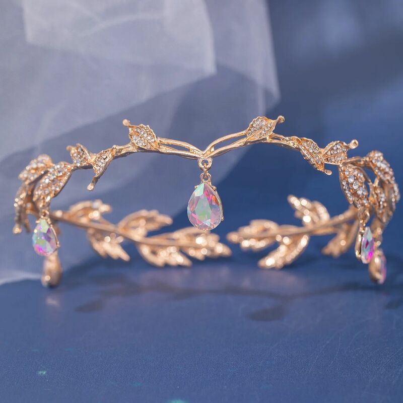 New Vintage Crown Leaves Waterdrop Pendent Tiara Wedding Hairband Rhinestone Party Princess Elf Hairdress Jewelry