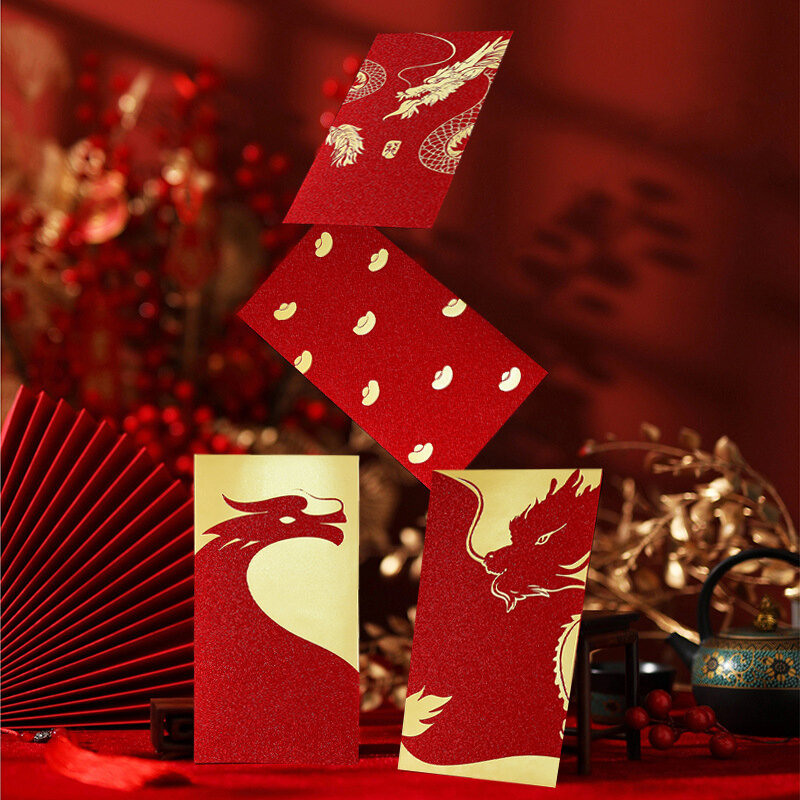 6 шт. красная сумка для китайского Лунного Нового года, большая красная сумка-конверт для нового года, мультяшный Год Дракона, китайский новый год