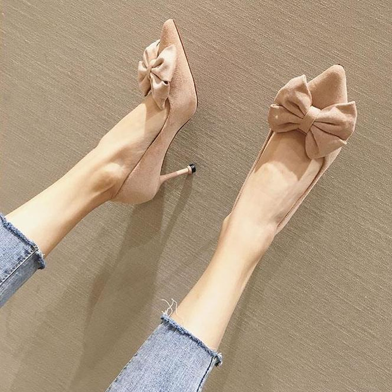 2022 New French British Style Pointed Toe High Heels Women's Bow Stiletto Sexy Evening Show New Women's All-match Single Shoes