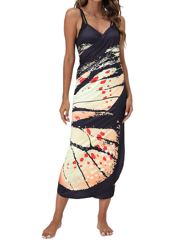 Women s Swimwear Cover Ups Dress Spaghetti Strap Butterfly Printed Beach Wrap Shawl Sarong Summer Dress