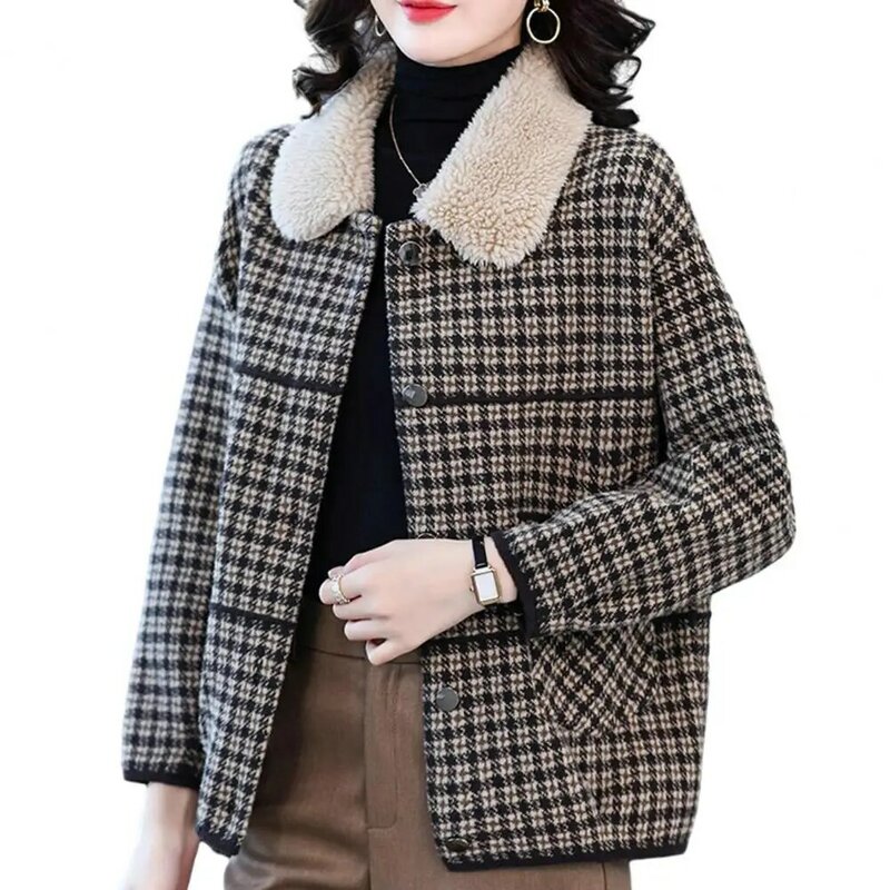 Mantel kotak-kotak bergaya Vintage wanita, mantel kerah mewah, jaket kotak-kotak hangat kancing sebaris dengan kerah rajut dua sisi untuk musim gugur dan musim dingin