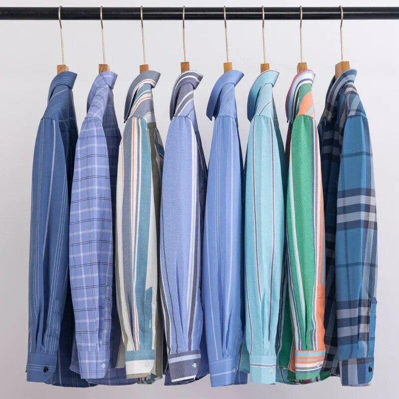 남성용 용수철 긴팔 셔츠, 슬림핏 정장 플레인 셔츠, 스트라이프 격자 무늬 슬링 포켓 상의, 가을 의류