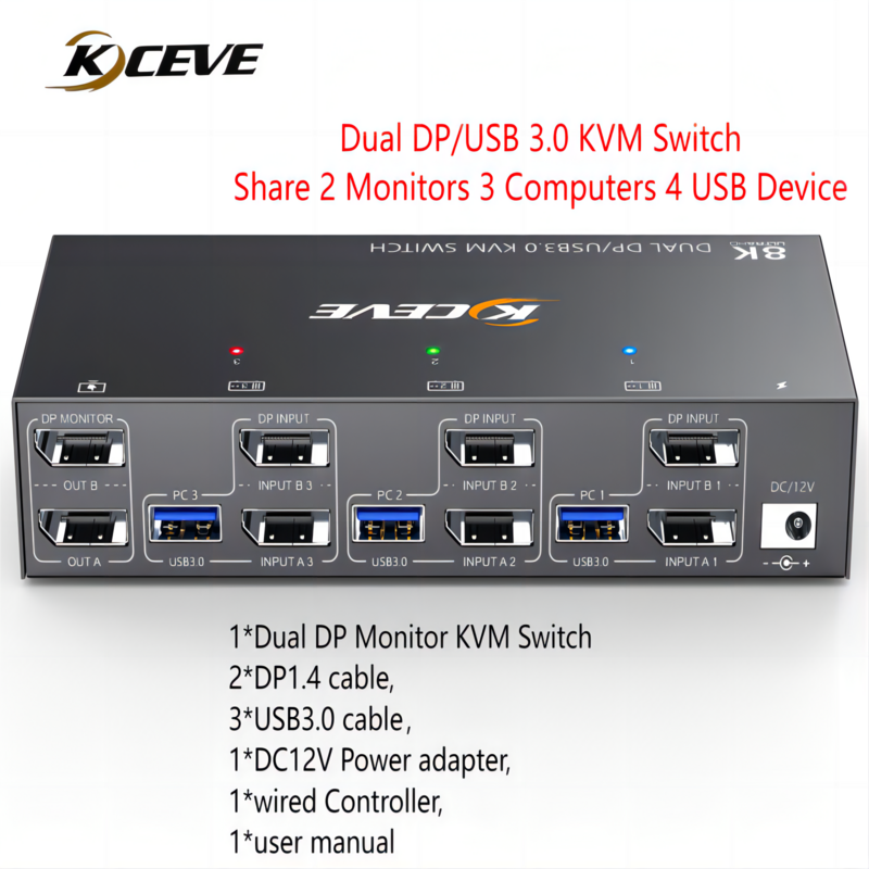 KCEVE KVM Switch 2 Monitor 3 komputer, 8K @ 60Hz 4K @ 144Hz,USB3.0 Monitor ganda KVM Switch Displayport 1.4 dengan 4 perangkat USB 3.0