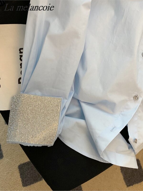 여성용 블루 스플라이싱 셔츠, 캐주얼 루즈 코튼 블라우스, 긴 소매 패션, 오버사이즈 단추 업 셔츠, 2024 용수철 여름 신상