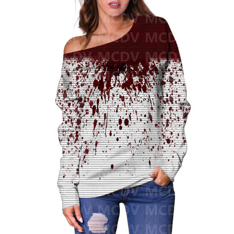 Sweater Pullover wanita, Sweater lengan panjang bercetak 3D Halloween bahu terbuka