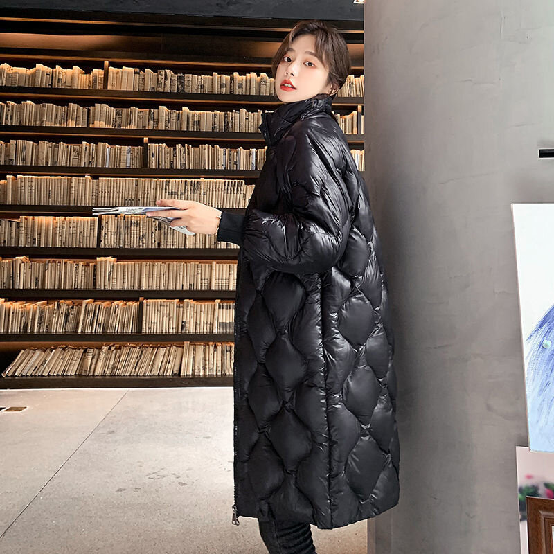 Jaqueta de algodão de colarinho longo feminino, casaco bolha, roupas acolchoadas, streetwear de rosto brilhante, moda rosto médio, inverno, 2024