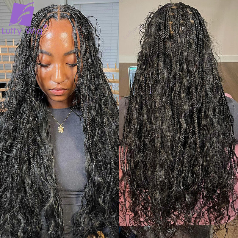 At Wave Goddess Boho Box Braids, Crochet Human Hair, Curly Ends, Synthetic Braid with Human Hair Curls for Black Women, 24"
