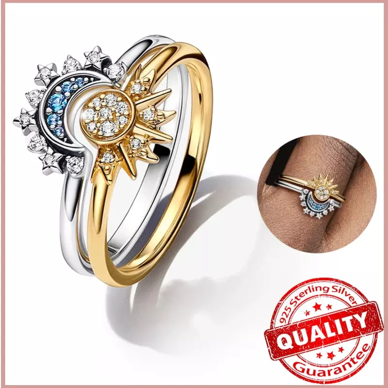 Set cincin perak Sterling cincin bulan biru matahari Celestial berkilau untuk wanita perhiasan pesta pernikahan pertunangan klasik
