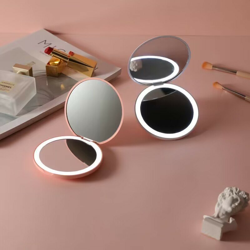 Led Lichte Make-Up Spiegel Opvouwbare Make-Up Kleine Zakspiegel Voor Dames Lichtgevend Effect Roze Witte Mini Spiegel