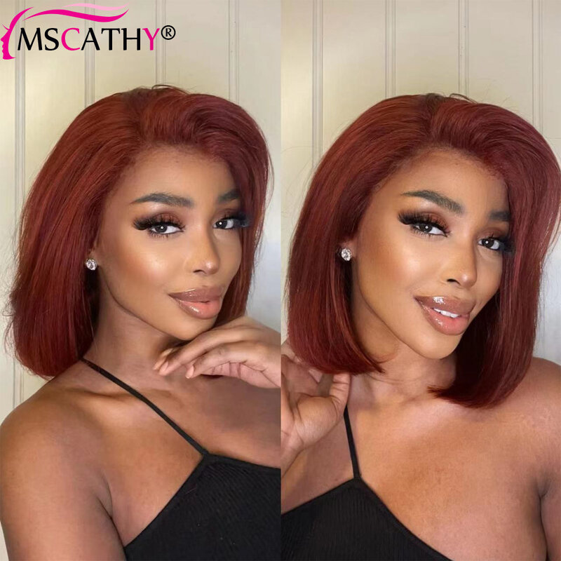 Reddish brown Colored Short Bob Wig 13x4 HD Transparent Lace Front Wigs 150% Brazilian Virgin Human Hair Wig For Women Remy Hair