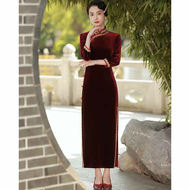 Cheongsam largo de terciopelo de talla grande, vestido chino Sexy, elegante, ajustado, Qipao Vintage, cuello mandarín, otoño e invierno, 4Xl