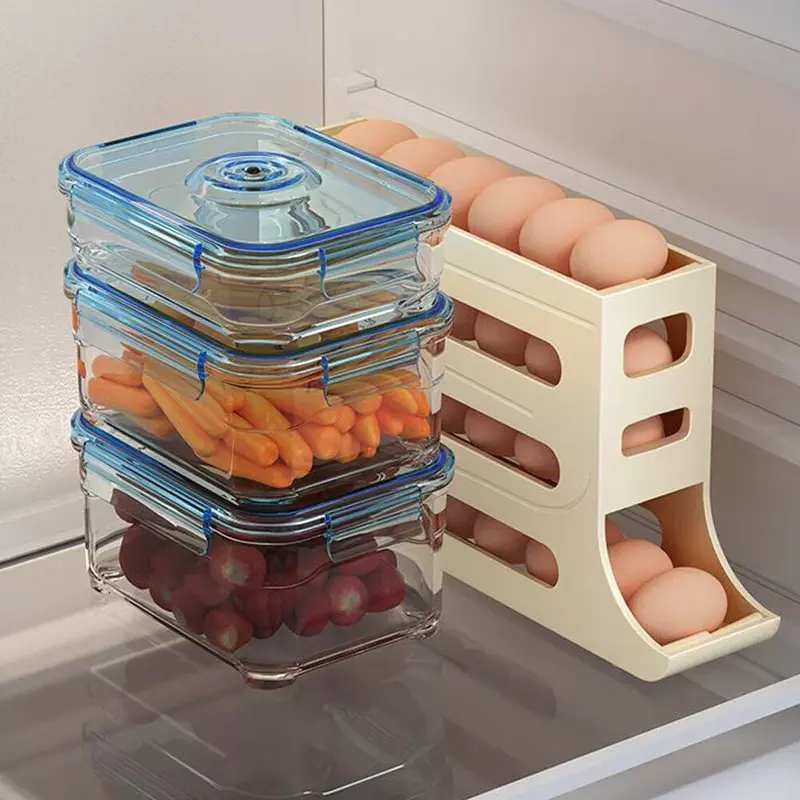 Refrigerador automático Egg Rack titular, caixa de armazenamento, recipiente, organizador, Rolldown, dispensador, rolagem, novo