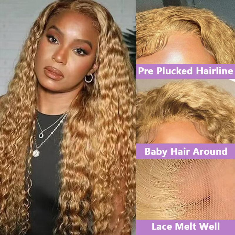 Ombre Lace Front Wig Human Hair Honey Blonde Curly Lace Front Wigs 200% Density 13x4 HD Lace Frontal wig Deep Wave Glueless Wigs