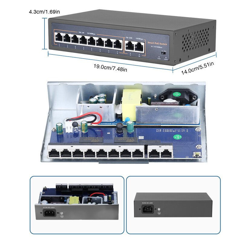Interruptor POE de red de 48V con 4/8/16CH, puertos de 10/100Mbps, IEEE 802,3 af/at sobre Ethernet, cámara IP/AP inalámbrico/sistema de cámara CCTV