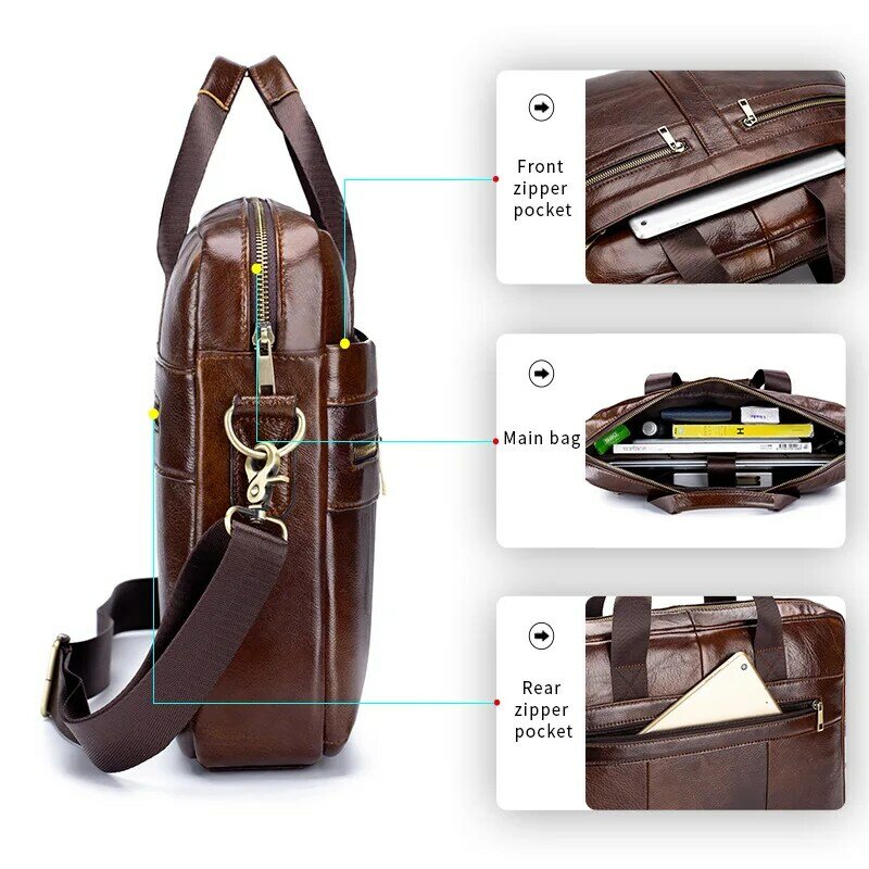 Men's Briefcases Large Capacity Soft Genuine Cowhide Leather Business Casual Laptop Crossbody Messenger Bag