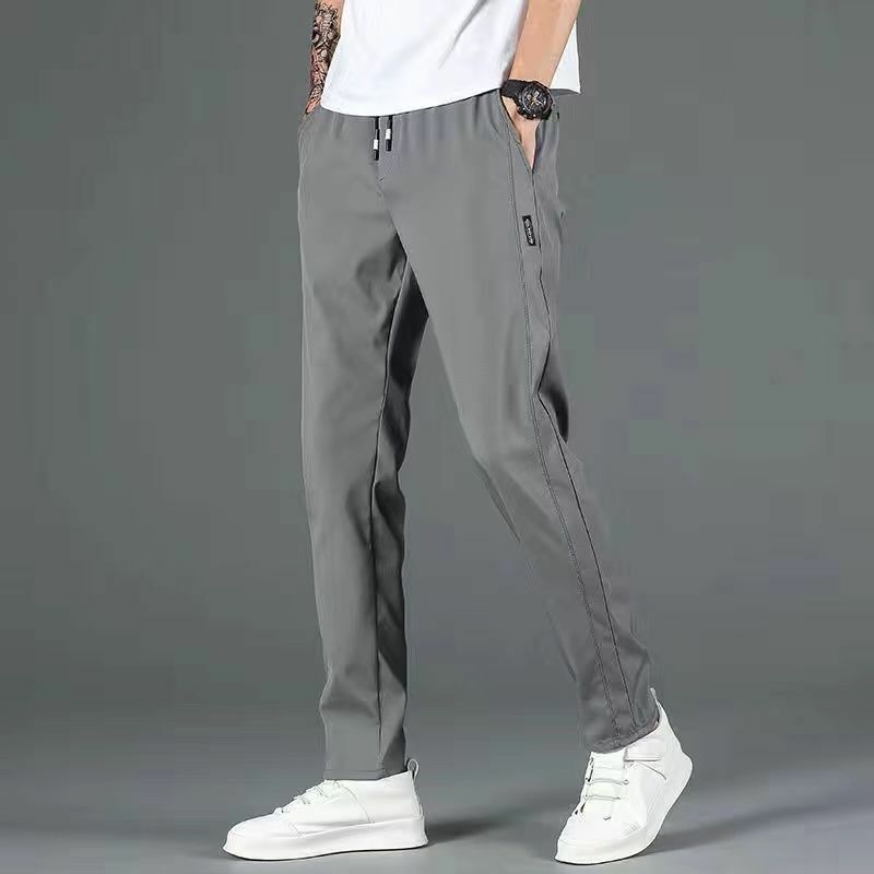 Summer Elastic Waist Loose Breathable Ice Silk Casual Pants Men's Solid Drawstring Pockets Sports Quick Drying Straight Trousers