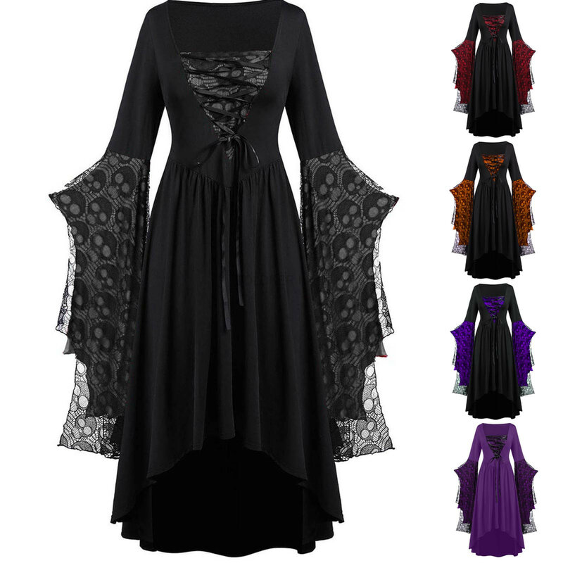 Medieval Carnival Suit Halloween Costume for Women Witch Vampire Gothic Dress Ghost Scary Costumes Party Printed Clothes