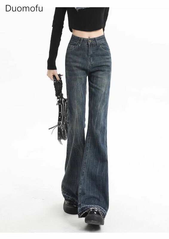 Duomofu-jeans feminino de cintura alta, jeans largos e finos com bolsos, simples e com zíper, americano e vintage, casual e elegante, novo outono