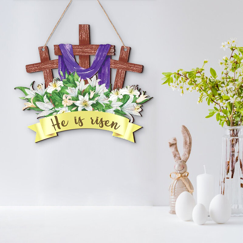 Panneau de porte religieux de Pâques, décor de croix, He Is tosen, décorations de Pâques, cintre de Jésus en bois, porche de porte d'entrée de maison