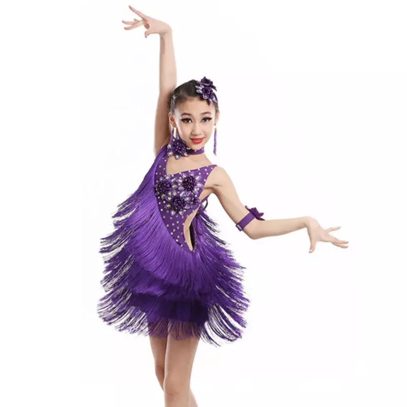Vestido de dança latina profissional para meninas, Vestidos de dança de salão para crianças, Salsa Tassel