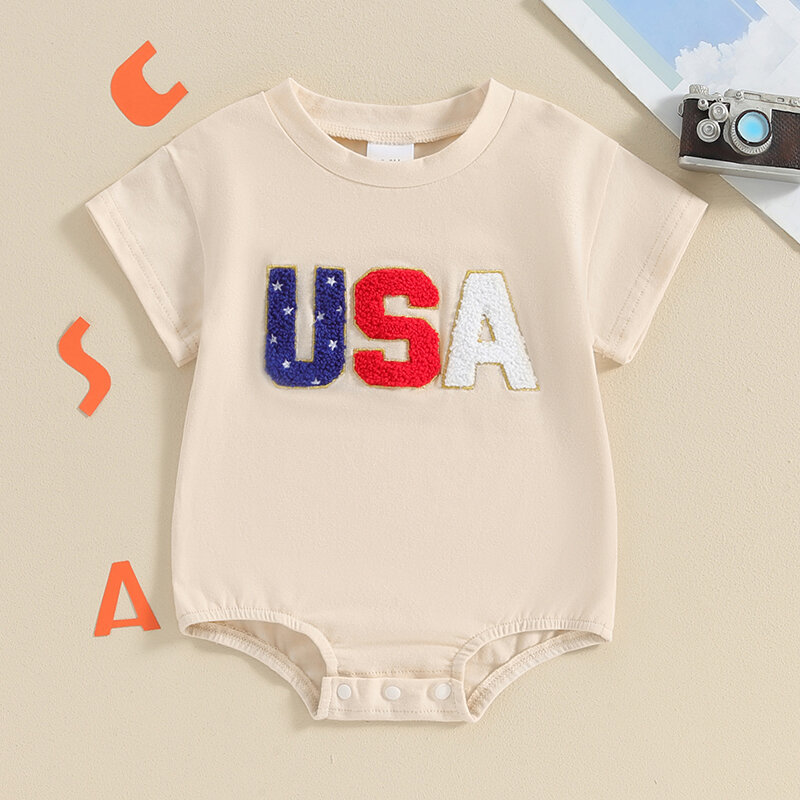 VISgogo Baby Girls and Boys Romper Round Neck Short Sleeve Letter Embroidery Jumpsuit Newborn 4th of July Odzież na lato