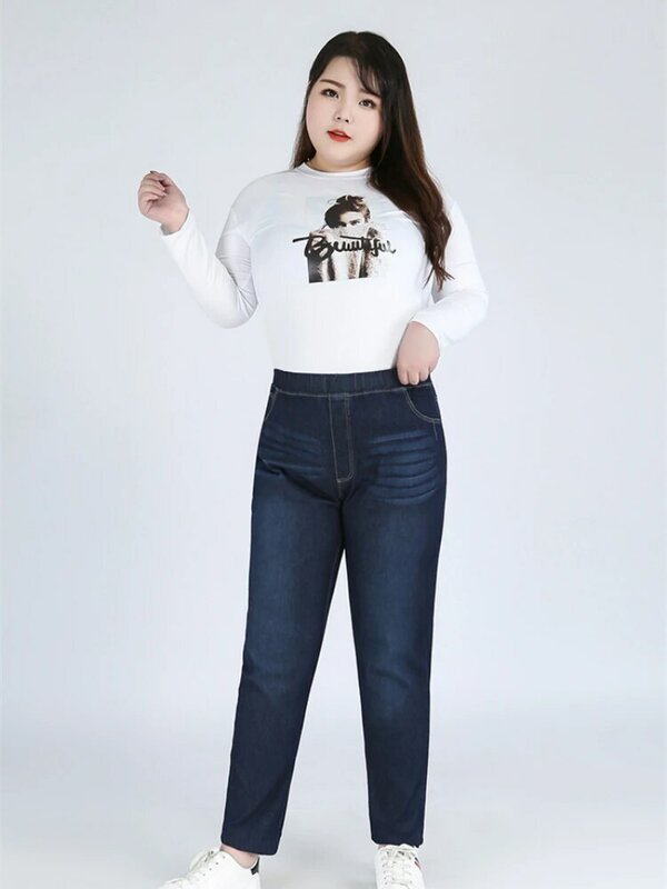 Jeans Slim Fit para mulheres, calças jeans grandes, cintura alta, comprimento do tornozelo, calças lápis esticadas, 140kg, plus size, 7XL, 8XL, 9XL