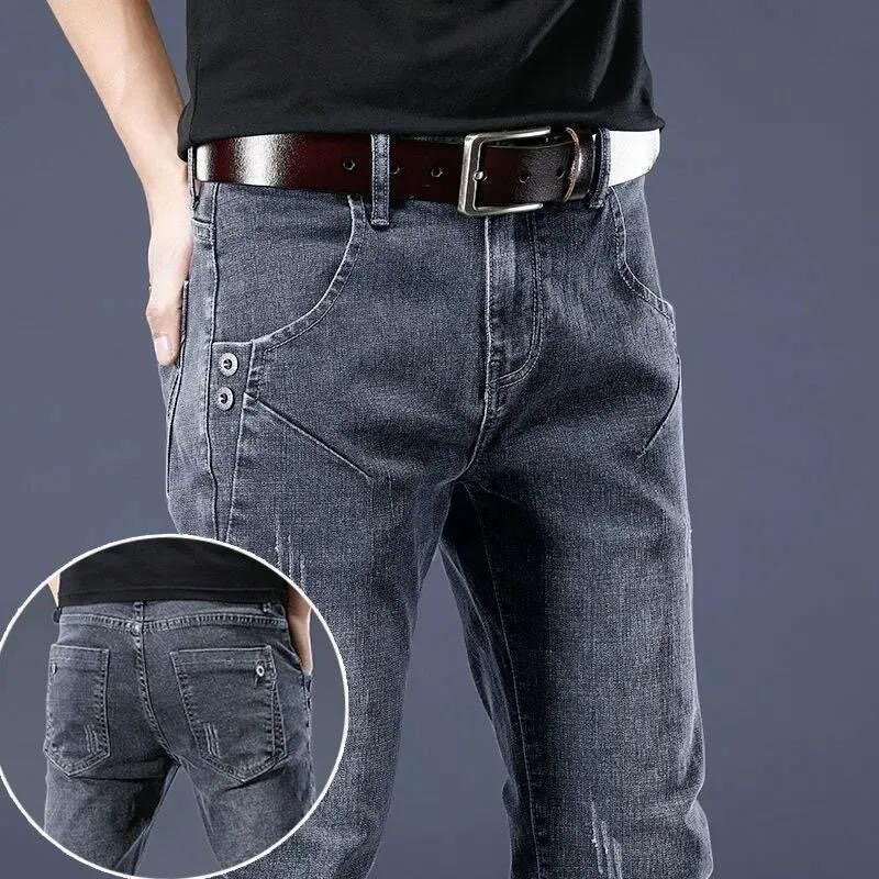 Celana Jeans pria kasual ramping nyaman bersirkulasi, kaki kecil elastis warna polos mode baru musim semi dan gugur 2024