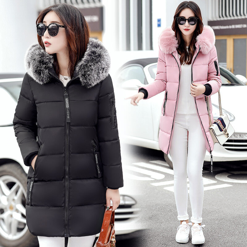 2023 Women's Down Parkas Winter Jacket Big Fur Collar Thick Slim Coat Fashion Hooded Cotton Outerwear Long Winter Woman Coat