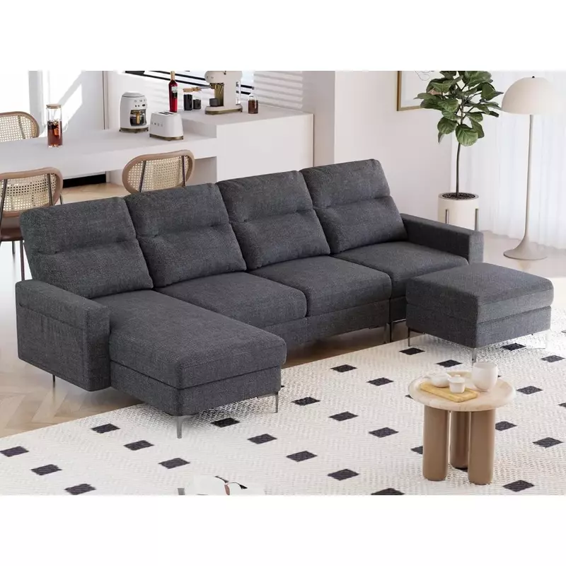 Секционный диван, U-образный секционный диван со съемным диваном, тканевый диван на 4 места, металлические ножки для гостиной темно-серого цвета
