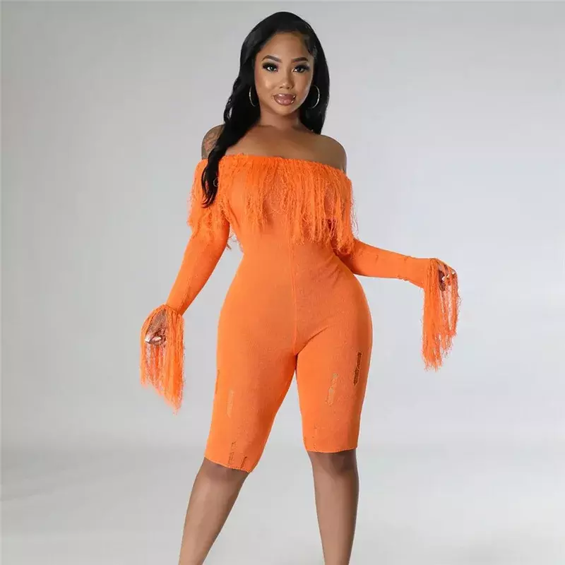 Women Solid Tassel Knitted Playsuits Sexy Slash Neck Off Shoulder Long Sleeve High Stretch Slim Rompers Party Club Overalls