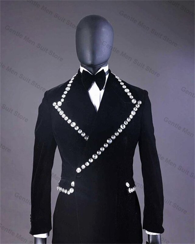 Cristalli Black Velvet Men Suits Set 2 pezzi Blazer + Cotton Pant Double Breasted Custom Made Jacket Prom Groom Wedding Tuxedo Coat