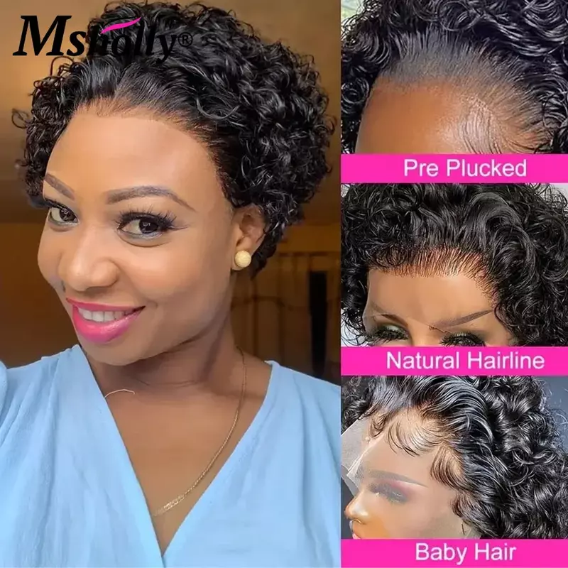 Glueless Pixie Cut Black Color Curly Human Hair Wig For Women 13x1 HD Lace Frontal Wig Short Bob Natural Hairline Water Wave Wig