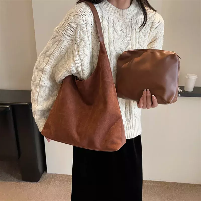 Осенне-зимняя винтажная женская сумка, вместительная Замшевая сумка на плечо, однотонная простая повседневная сумка для поездок, сумки в стиле ретро