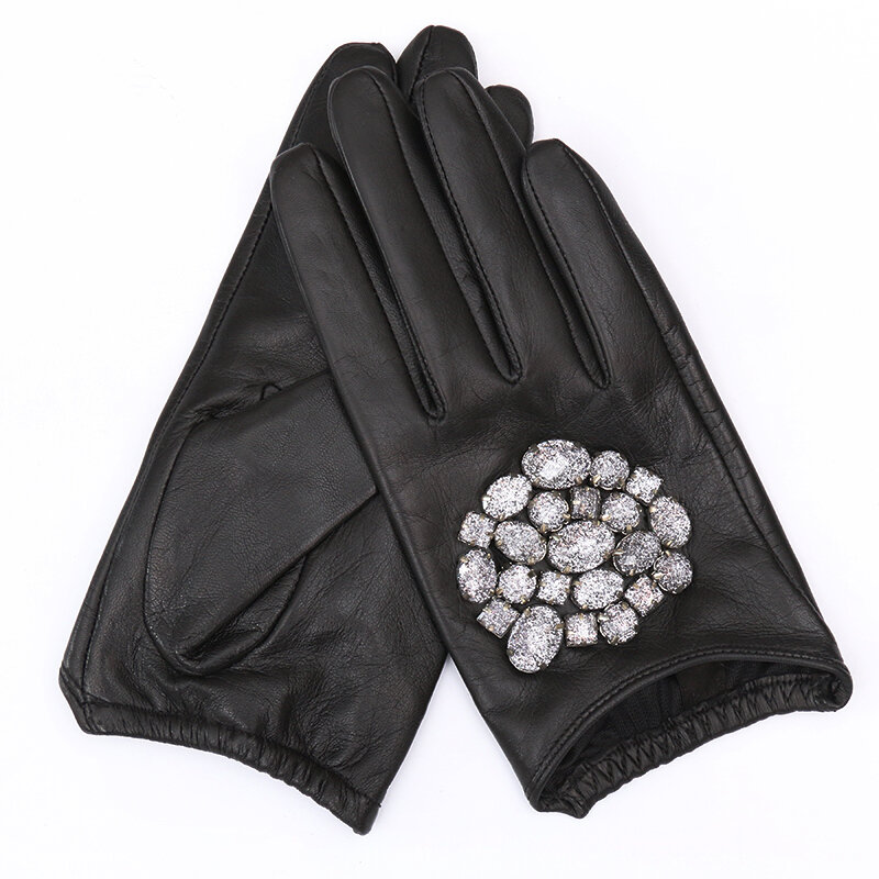 女性のための本革の手袋,秋冬の本物の黒い手袋,ファッショナブルな石の裏地,柔らかくて暖かい,新しいgsl001