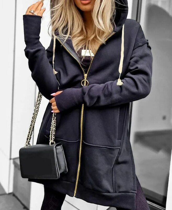 Sudadera con capucha de manga larga para mujer, abrigo liso con cremallera, ropa de otoño e invierno, 2023