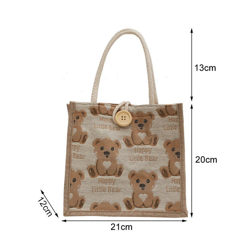 Сумка для ланча с милым медведем, льняная модная вместительная эко-сумка-тоут для студентов, портативная дорожная тканевая сумочка на плечо, S/L