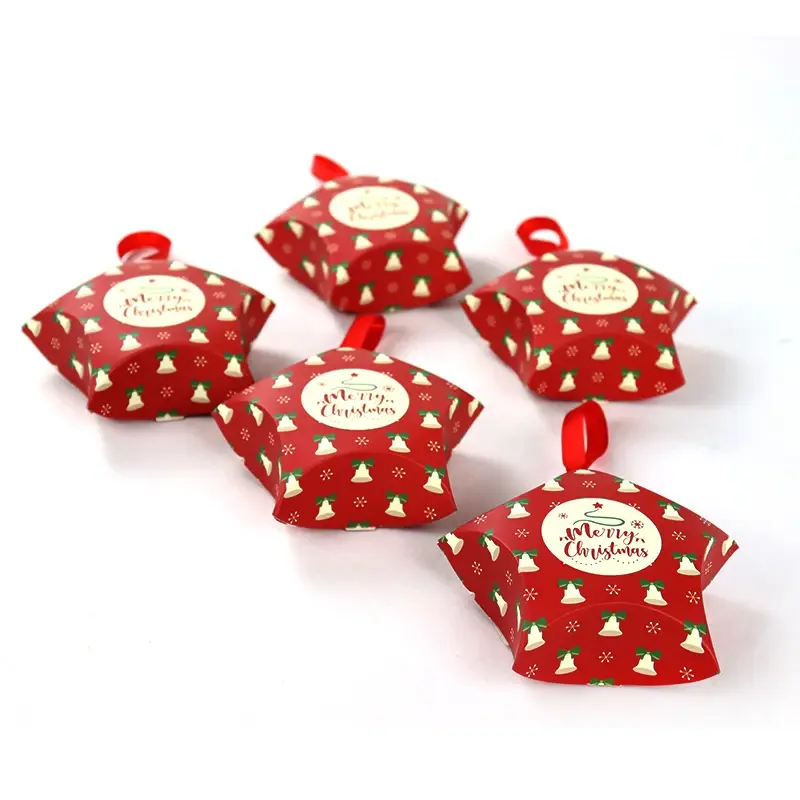 Caja con forma de estrella decorativa, embalaje de papel pequeño con logotipo personalizado, paquete de dulces de Feliz Navidad