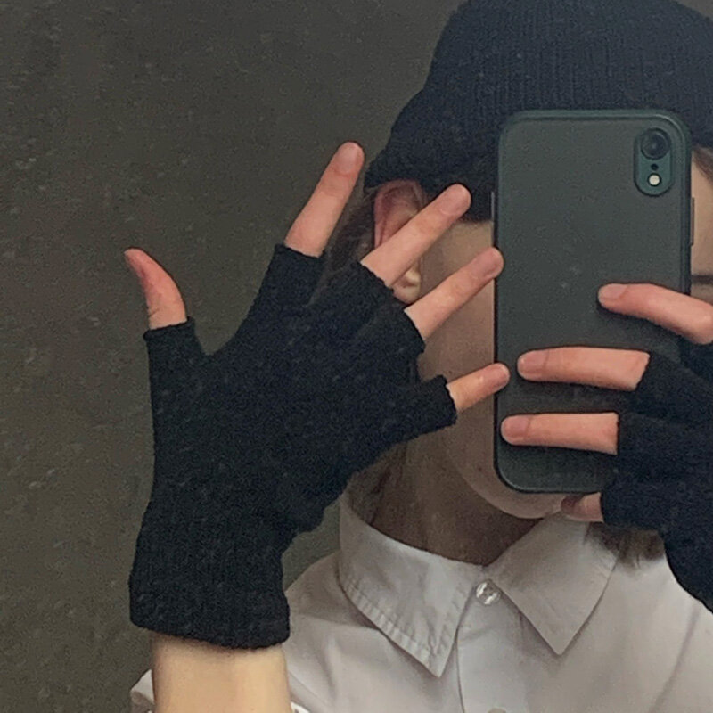 1pair Black Short Half Finger Fingerless Knit Wrist Glove Winter Warm Stretch Work Gloves for Women and Men Cycling Accessories