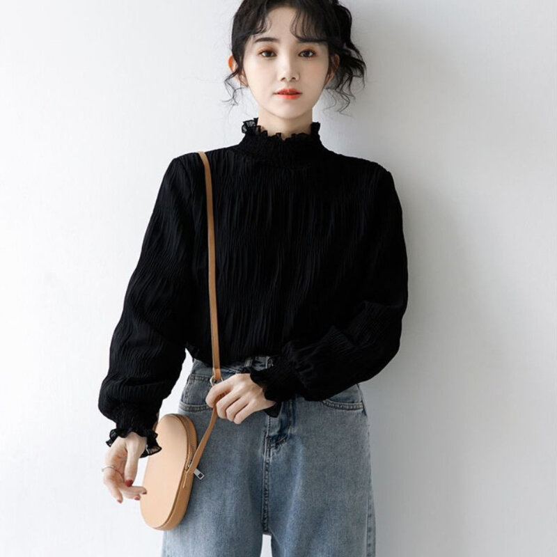Blusa de gasa de manga larga para mujer, camisa de estilo coreano, color negro, ropa Vintage para primavera y otoño, 2023