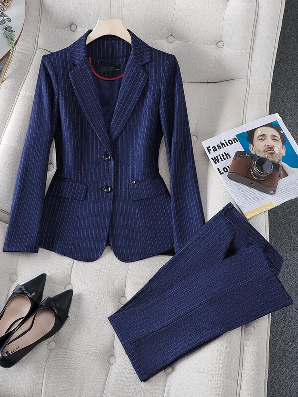 Celana panjang Formal wanita, Blazer dan celana panjang Formal garis hitam biru, Set 2 potong, pakaian kerja bisnis musim gugur dan musim dingin
