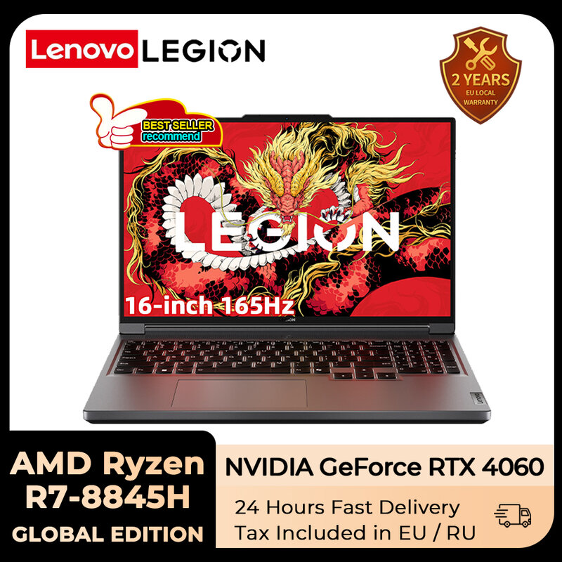 Lenovo LEGION Laptop Gaming R7000P, Pc Notebook layar 2024 inci 8845 AMD R7 4060 H NVIDIA GeForce RTX 165 RAM 16GB 1T DDR5 16Hz