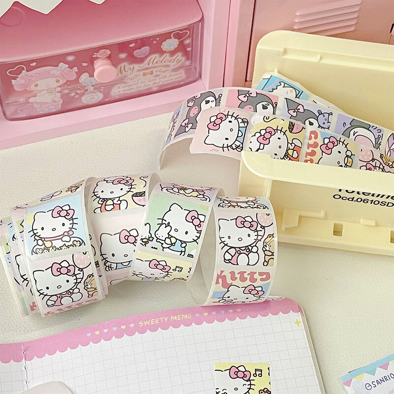Stiker kartun lucu Sanrio Hello Kitty 200/500 buah stiker estetika Roll Kuromi Melody dekorasi DIY Terima kasih Roll stiker mainan anak