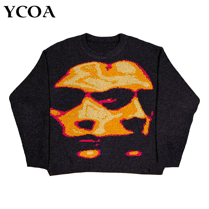 Męski sweter zimowy Oversize dzianinowe swetry Y2k Vintage z długim rękawem Top Harajuku Streetwear graficzne koreańskie ubrania Grunge