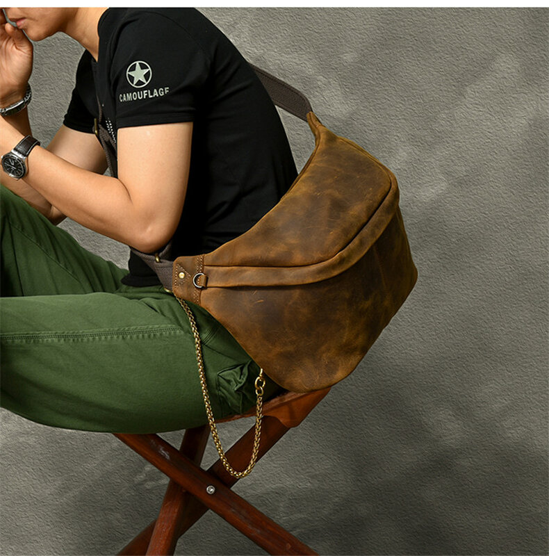 Natural crazy horse cowhide large capacity men's chest bag vintage simple high-quality genuine leather sports large diagonal bag