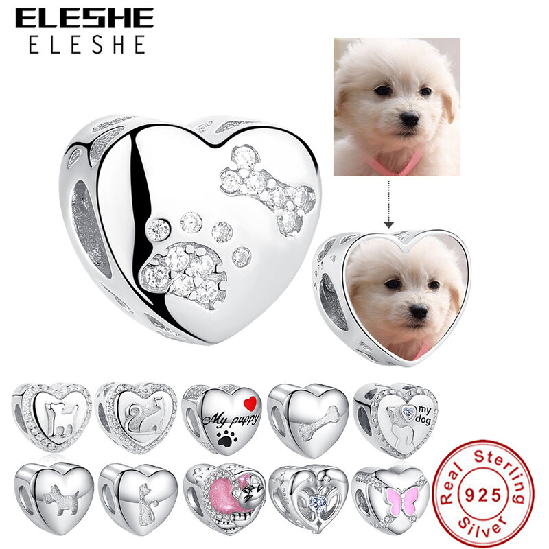 ELESHE-925 Sterling Silver Pet Paw Print Coração Custom Photo Charms, Beads Fit Pulseira e Colar, DIY Jóias Personalizadas
